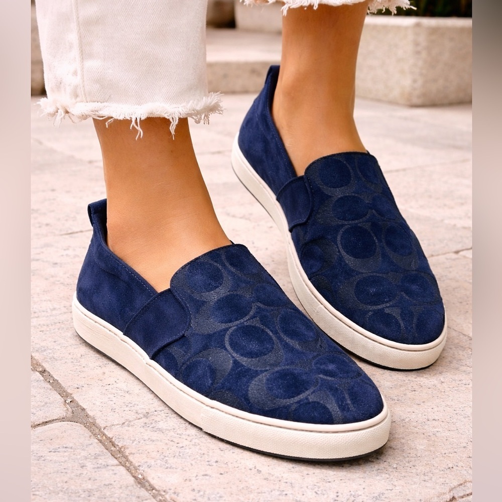 Coach Marvis Suede Logo Slip On Flats Navy Blue Size 7.5